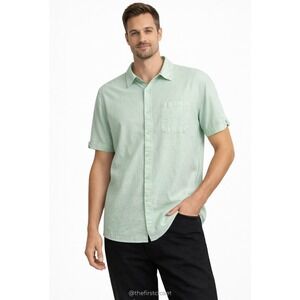 Mens XL Light Green Short Sleeve Button Up Shirt Linen Blend Casual Summer